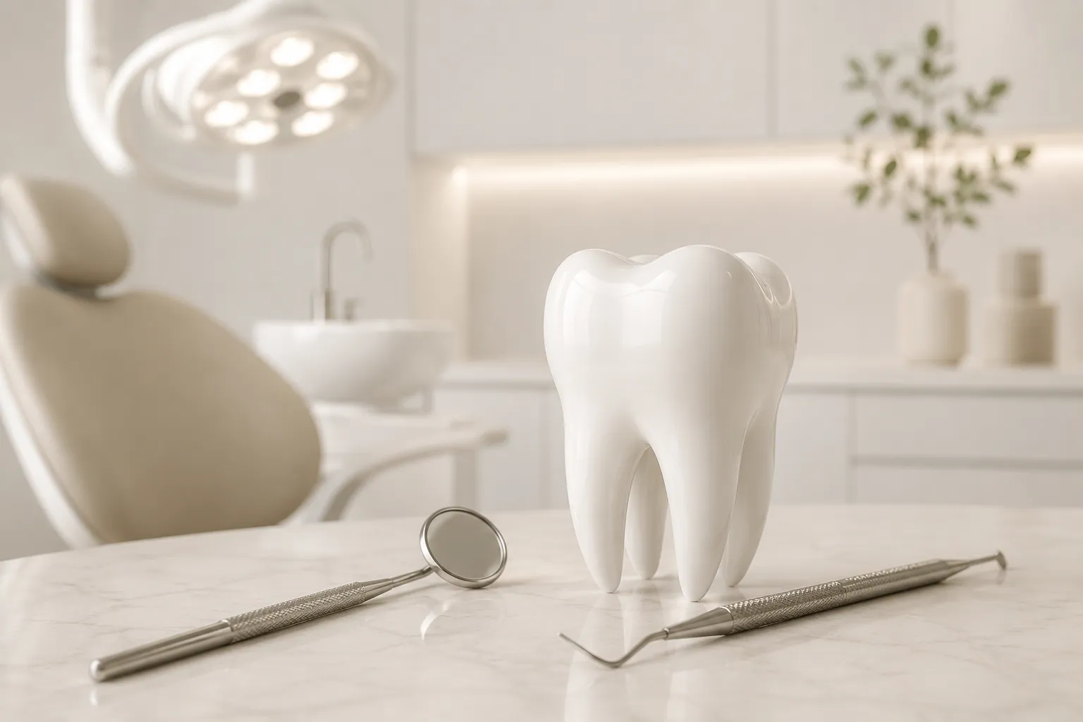A ceramic tooth and dental instruments on marble, in a serene setting